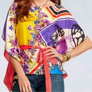 NWT Cabi 100% Bohemian Silk Cape Sleeve Blouse Small Bright Multicolor Belt